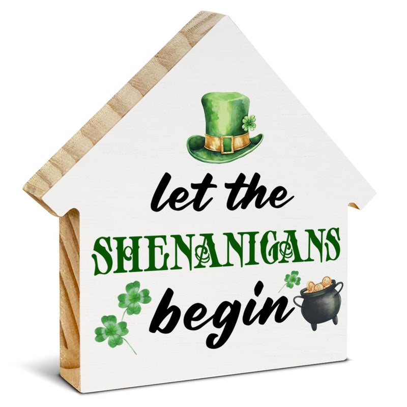 CIANMGD Funny St. Patrick's Day Irish Decor  Let the Shenanigans Begin House Shaped Wood Block Sign  Home Decor for Desk Table Shelf  St Patricks Day Decorations - Image 1