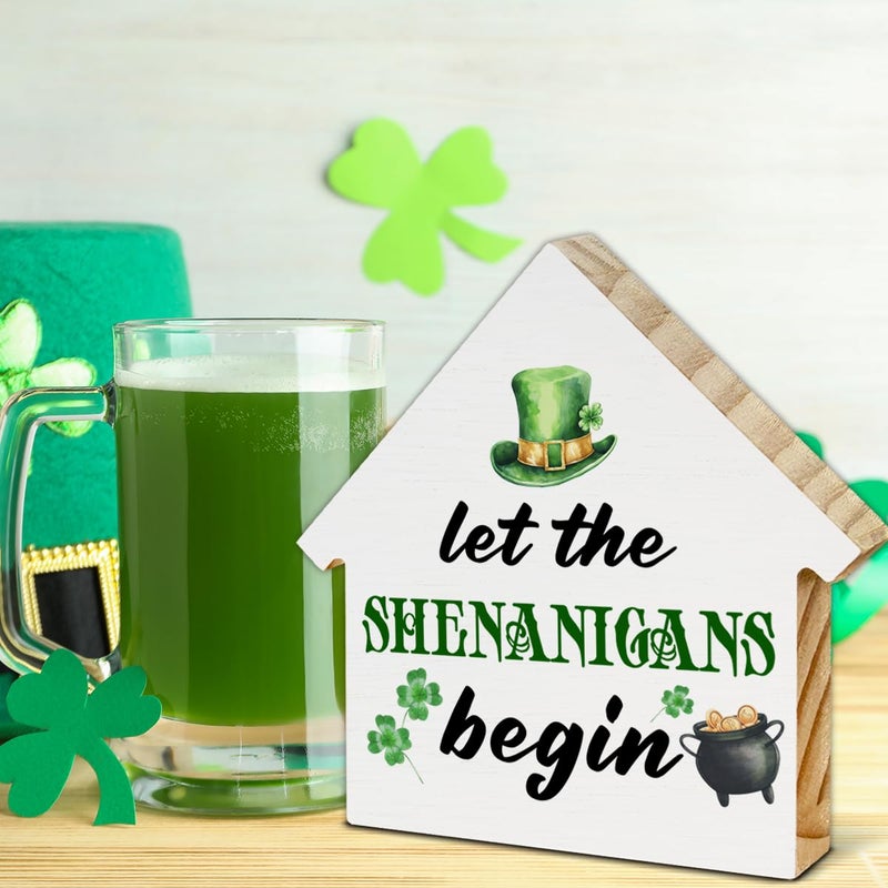 CIANMGD Funny St. Patrick's Day Irish Decor  Let the Shenanigans Begin House Shaped Wood Block Sign  Home Decor for Desk Table Shelf  St Patricks Day Decorations - Image 3