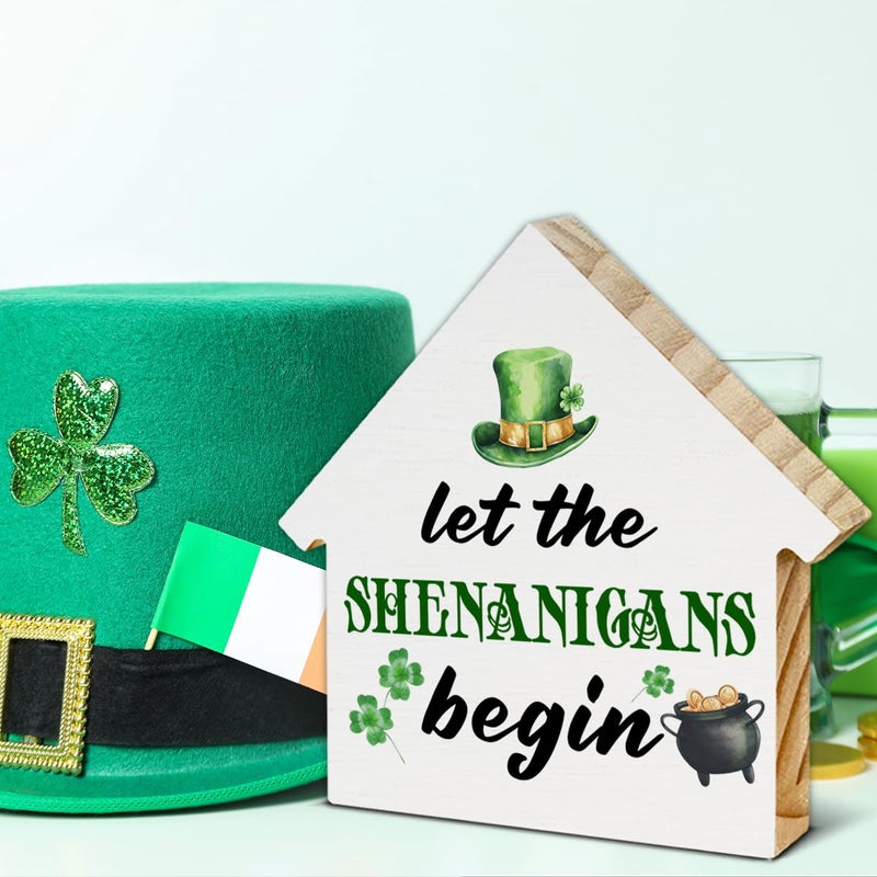 CIANMGD Funny St. Patrick's Day Irish Decor  Let the Shenanigans Begin House Shaped Wood Block Sign  Home Decor for Desk Table Shelf  St Patricks Day Decorations - Image 4