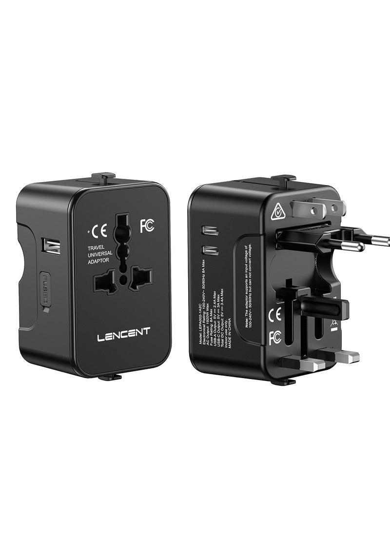 لينسينت محول السفر الدولي LENCENT، محول السفر العالمي مع 1 USB-A + 2 نوع C، محول طاقة الكل في واحد للهاتف وأجهزة الكمبيوتر المحمولة، محول قابس عالمي  - Image 1