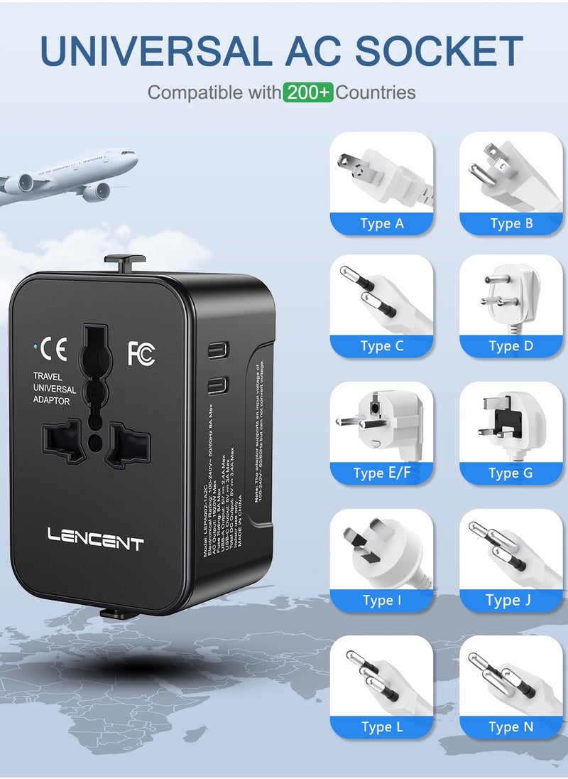 لينسينت محول السفر الدولي LENCENT، محول السفر العالمي مع 1 USB-A + 2 نوع C، محول طاقة الكل في واحد للهاتف وأجهزة الكمبيوتر المحمولة، محول قابس عالمي  - Image 2