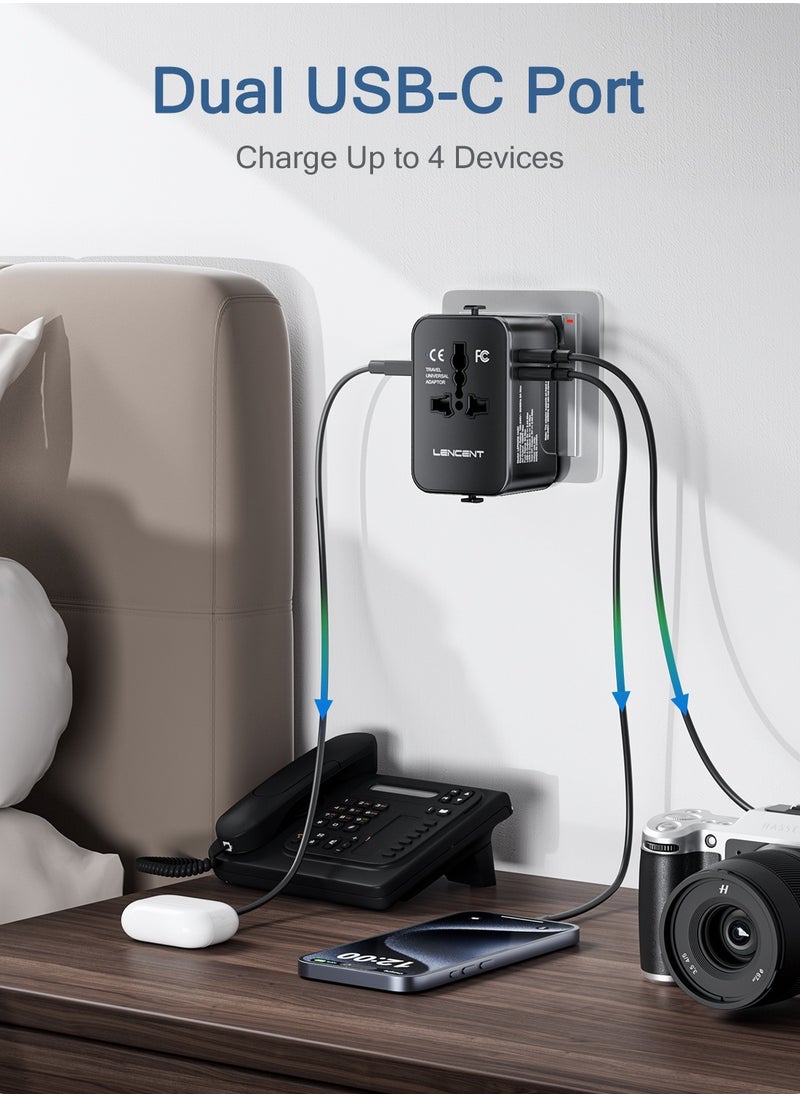 لينسينت محول السفر الدولي LENCENT، محول السفر العالمي مع 1 USB-A + 2 نوع C، محول طاقة الكل في واحد للهاتف وأجهزة الكمبيوتر المحمولة، محول قابس عالمي  - Image 4