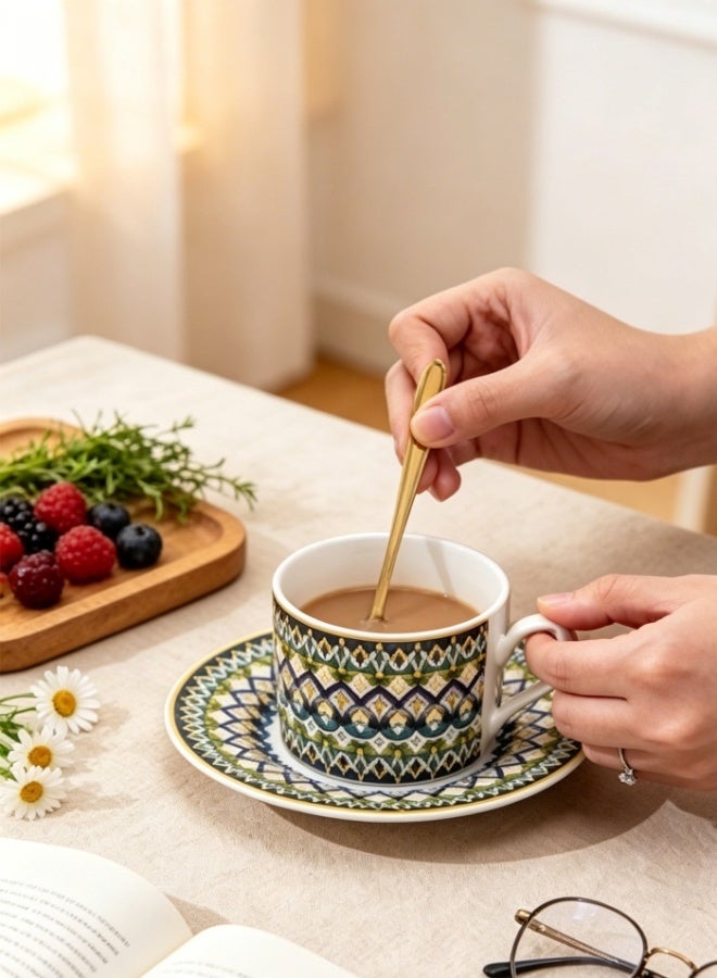 موندا مجموعة كؤوس قهوة وصحون سيراميك فاخرة مع علبة هدية | كؤوس شاي بورسلين بأسلوب بوهيمي قديم 200–300 مل | مجموعة أكواب قهوة إسبريسو أنيقة للاستخدام المنزلي والمهني - Image 5