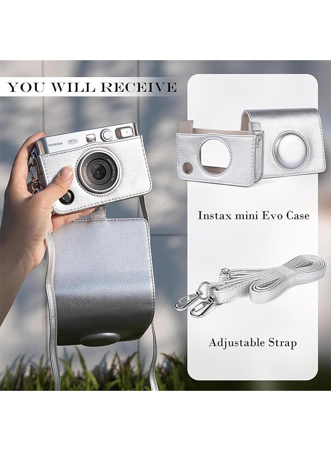 Ocean Retro Camera Case for Fuji Mini EVO, Premium PU Leather with Metal Buckles & Dustproof Snap Closure, Detachable Front Cover & Adjustable Shoulder Strap (Silver) - Image 4