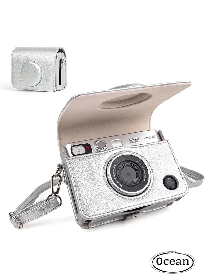 Ocean Retro Camera Case for Fuji Mini EVO, Premium PU Leather with Metal Buckles & Dustproof Snap Closure, Detachable Front Cover & Adjustable Shoulder Strap (Silver) - Image 1