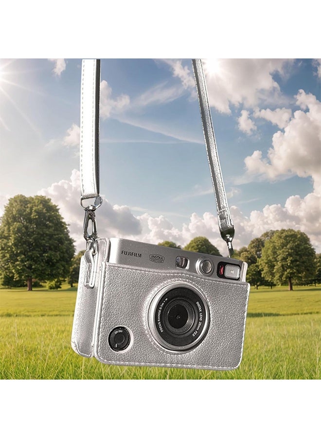 Ocean Retro Camera Case for Fuji Mini EVO, Premium PU Leather with Metal Buckles & Dustproof Snap Closure, Detachable Front Cover & Adjustable Shoulder Strap (Silver) - Image 3