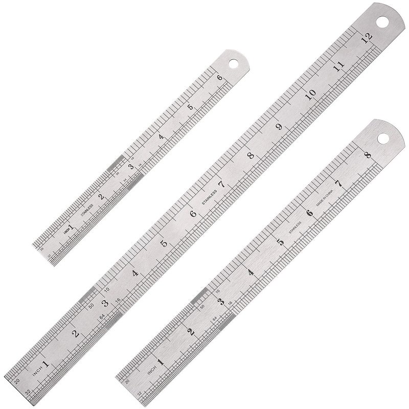 Elisel 3 PCS Stainless Steel Ruler Set with Inch and Metric Graduation 12 Inch 8 Inch and 6 InchSilvery