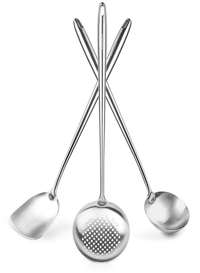 Yosukata 17" Wok Spatula and Ladle Skimmer Spoon - Stainless Steel Cooking Utensils Set of 3-304 Stainless Steel Kitchen Utensils Set - Dishwasher Safe Wok Accessories - Wok Utensils - Cooking Tools - Image 1