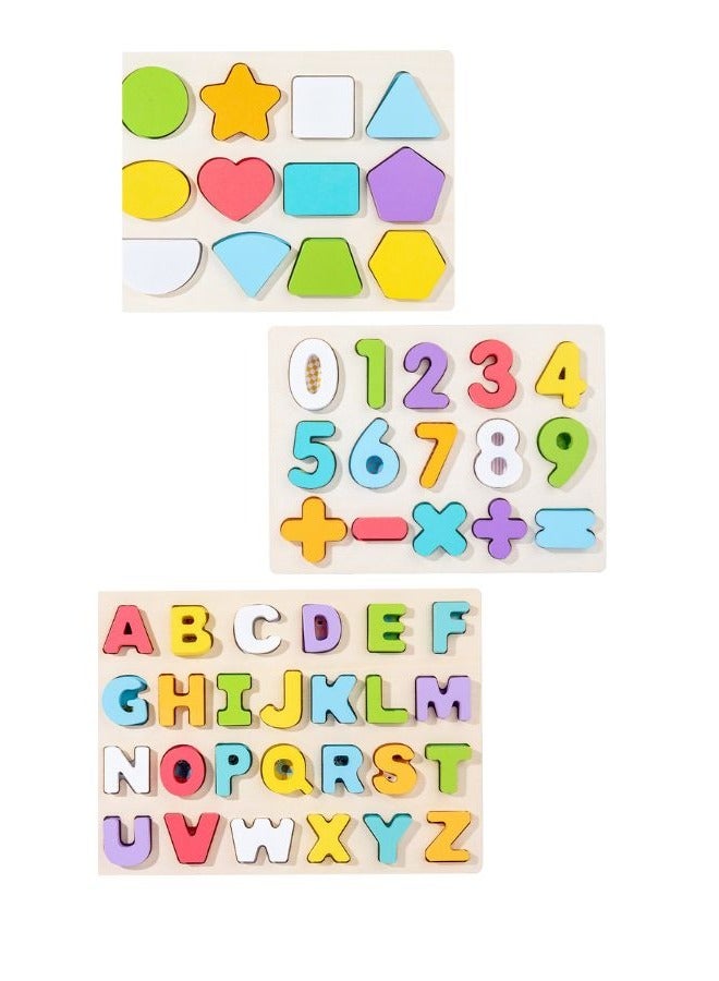 Wooden Alphabet Number Shape Puzzle Board for Kids (3 Pack) - Montessori Learning Toys with Letters, Numbers, Math Symbols & Colorful Shapes - Educational Indoor Outdoor Activity for Toddlers Age 3+ - Image 1
