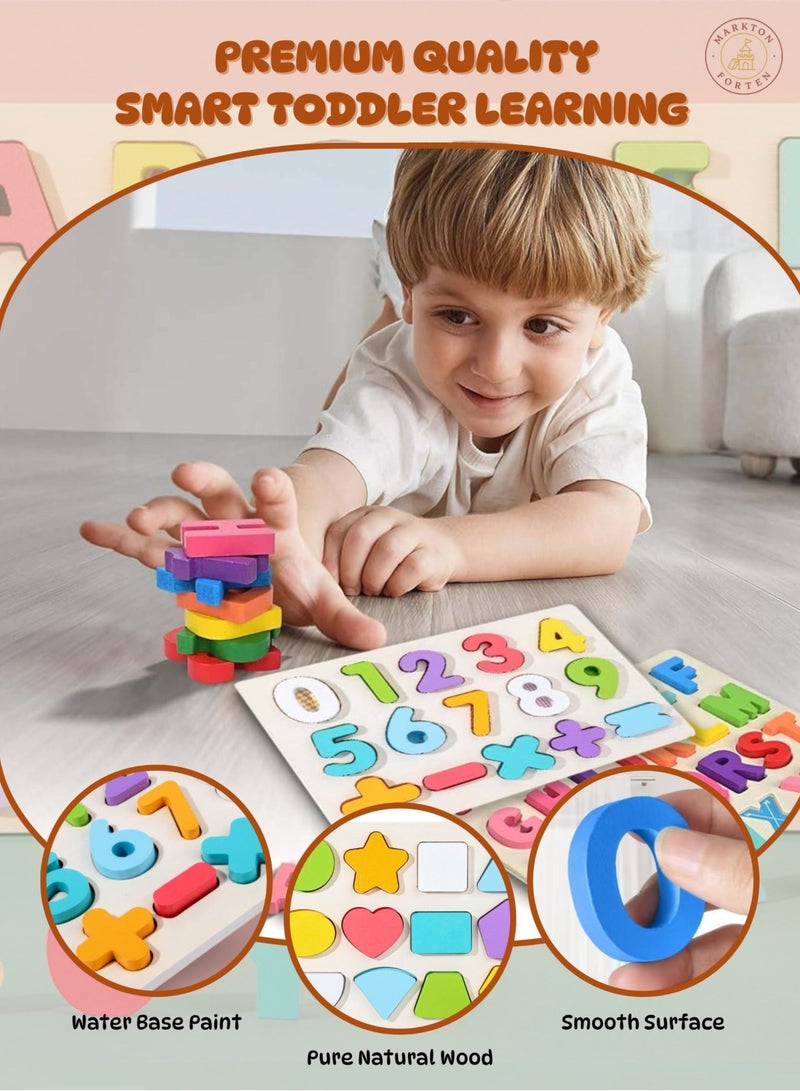 Wooden Alphabet Number Shape Puzzle Board for Kids (3 Pack) - Montessori Learning Toys with Letters, Numbers, Math Symbols & Colorful Shapes - Educational Indoor Outdoor Activity for Toddlers Age 3+ - Image 5