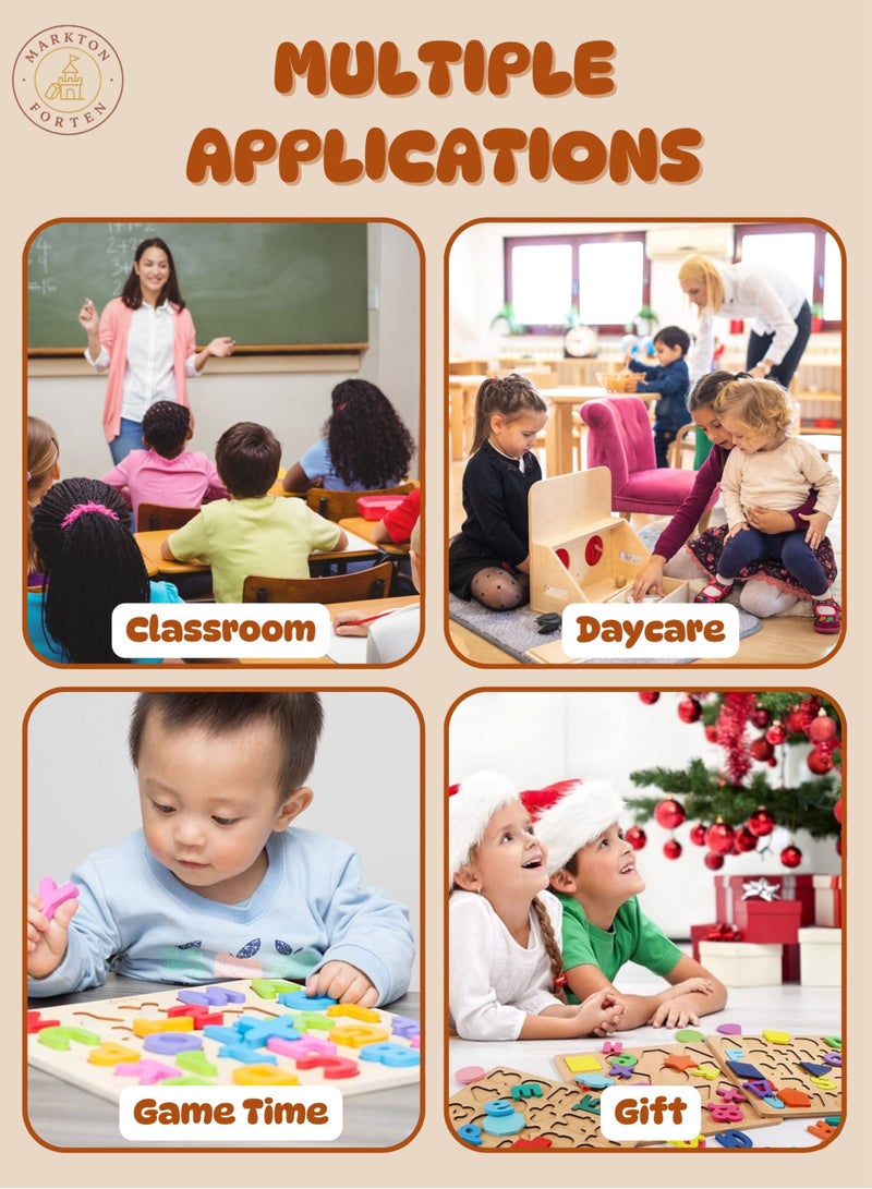 Wooden Alphabet Number Shape Puzzle Board for Kids (3 Pack) - Montessori Learning Toys with Letters, Numbers, Math Symbols & Colorful Shapes - Educational Indoor Outdoor Activity for Toddlers Age 3+ - Image 3