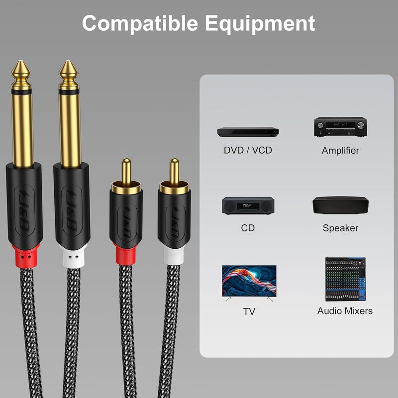 JD Gold Plated Dual 1/4" TS to RCA Cable - Stereo Audio Interconnect with Nylon Braid for Mixer, Amplifier, 9 Feet - Image 3
