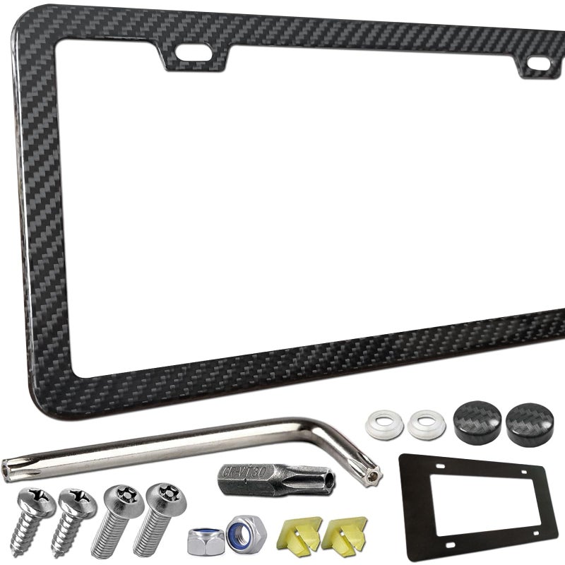 ZXFOOG Carbon Fiber License Plate Frame- 100% Handcrafted Real Carbon Fiber Cloth Wrapped Holder, Slim Black Stainless Steel Car Tag Cover with Screws Caps, Rattle Proof Pad, 1 Pack 2 Hole - Image 1