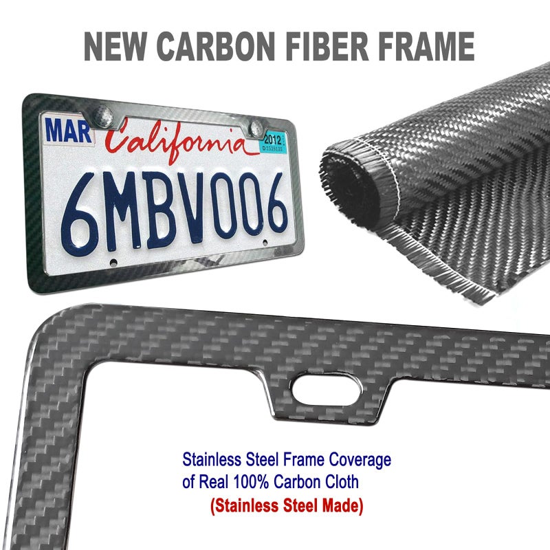 ZXFOOG Carbon Fiber License Plate Frame- 100% Handcrafted Real Carbon Fiber Cloth Wrapped Holder, Slim Black Stainless Steel Car Tag Cover with Screws Caps, Rattle Proof Pad, 1 Pack 2 Hole - Image 4