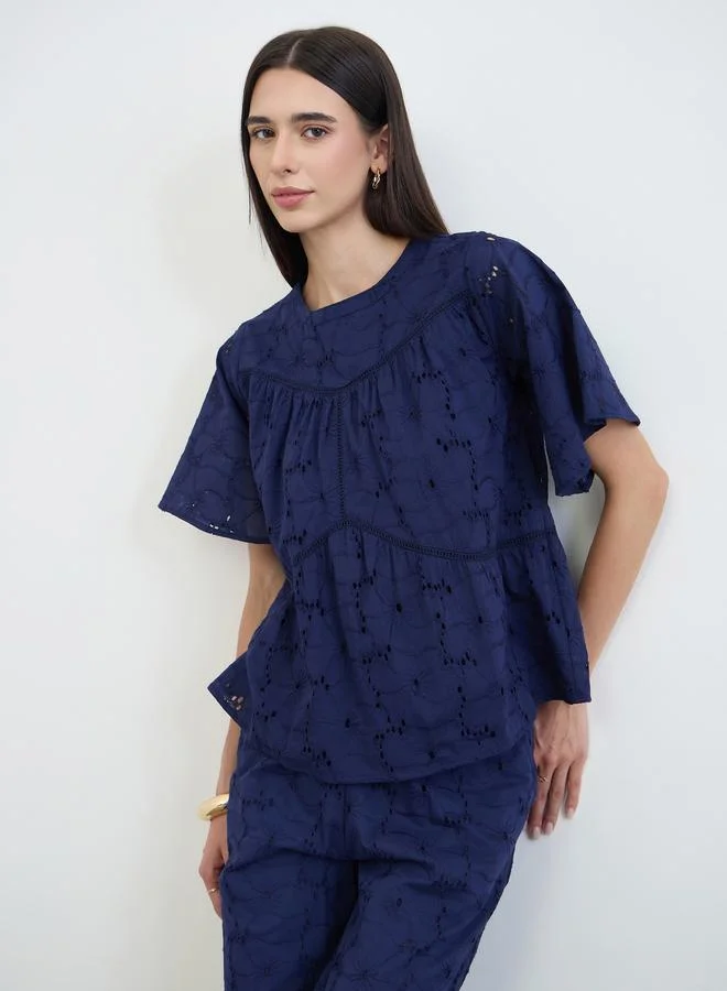 Styli Navy Blue Schiffli Cotton Top and Pants Co-Ords