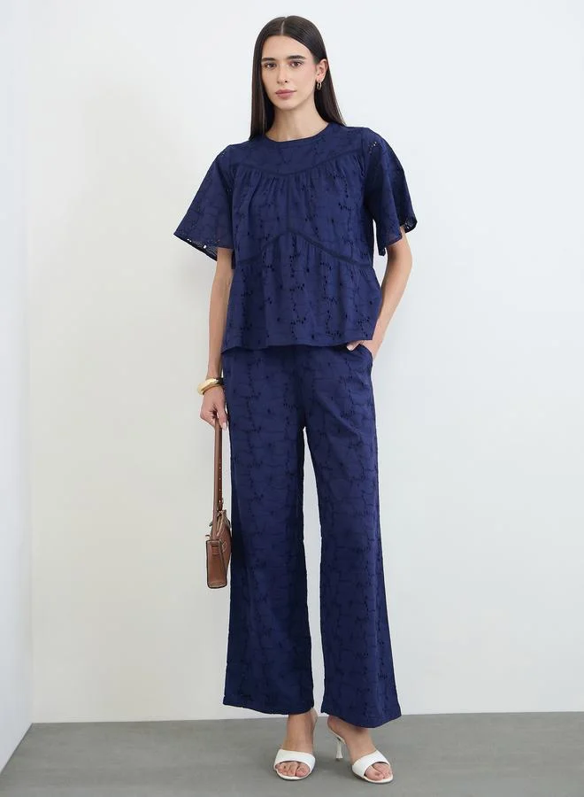 Styli Navy Blue Schiffli Cotton Top and Pants Co-Ords