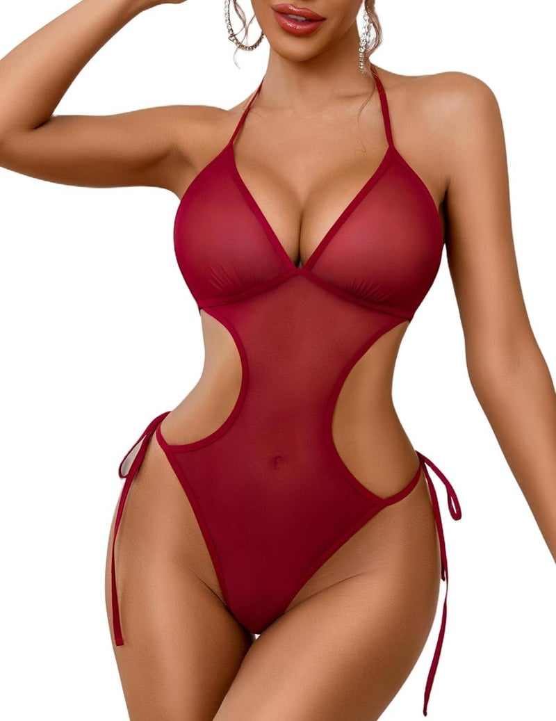 RioDebella Women's Sheer Red Halter Neck Bodysuit with Cut-Out Sides - Image 1