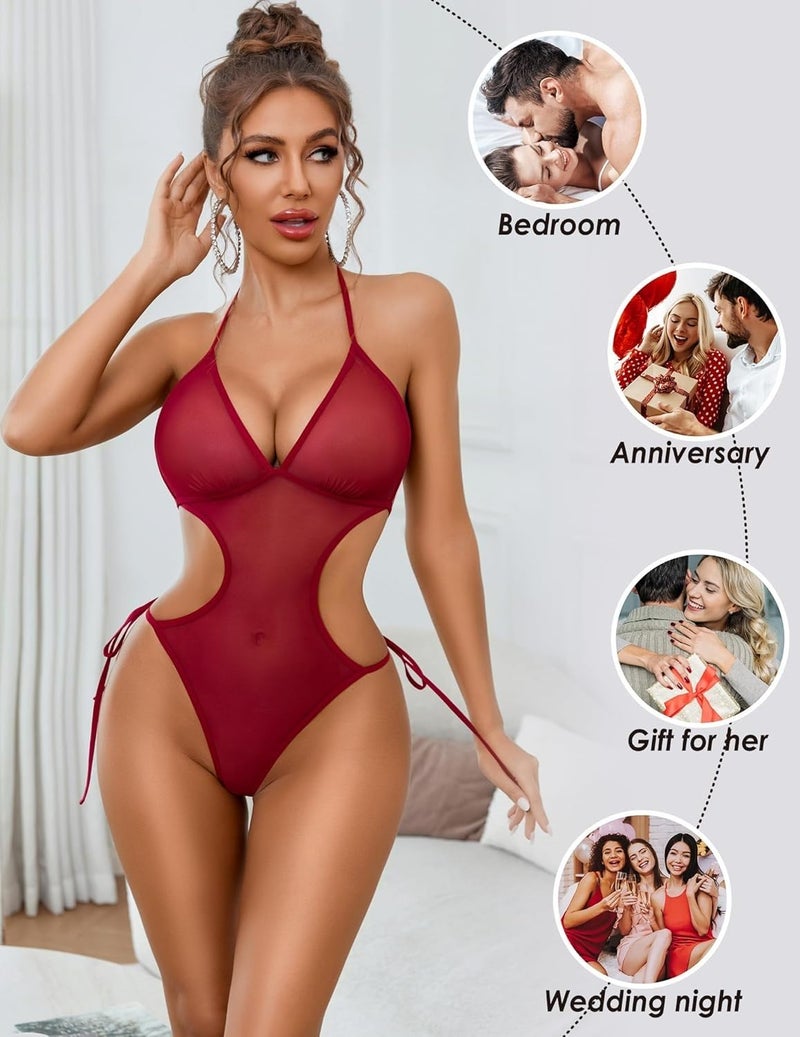 RioDebella Women's Sheer Red Halter Neck Bodysuit with Cut-Out Sides - Image 5