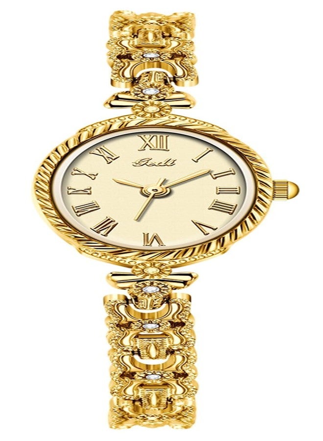 Gosasa Women’s Bracelet Watch Vintage Oval Quartz Roman Numerals Elegant Alloy Chain Band Jewelry Style Dainty Dress Watch for Ladies Gift for Women, Gold, Vintage - Image 1