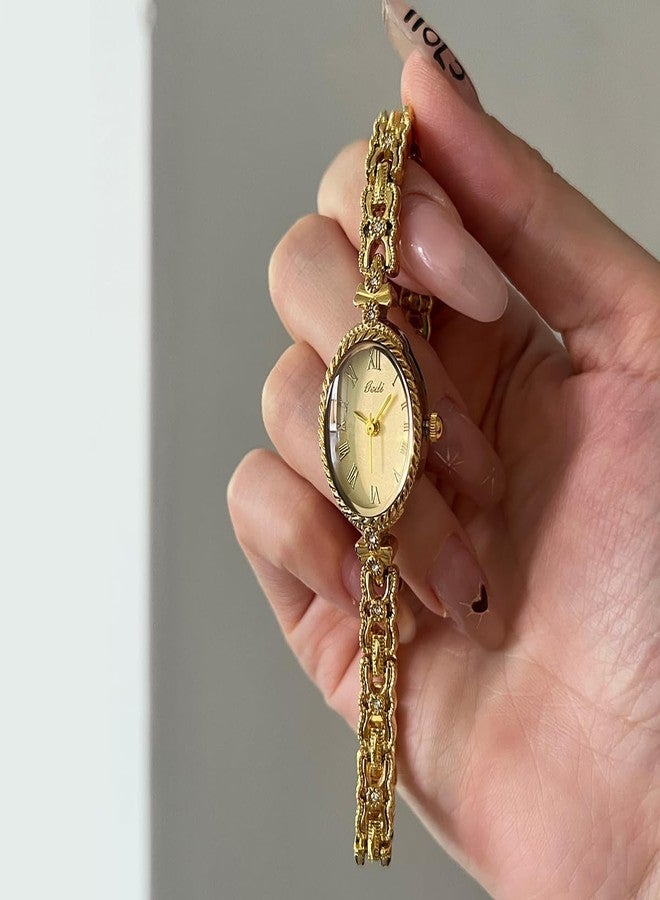 Gosasa Women’s Bracelet Watch Vintage Oval Quartz Roman Numerals Elegant Alloy Chain Band Jewelry Style Dainty Dress Watch for Ladies Gift for Women, Gold, Vintage - Image 2