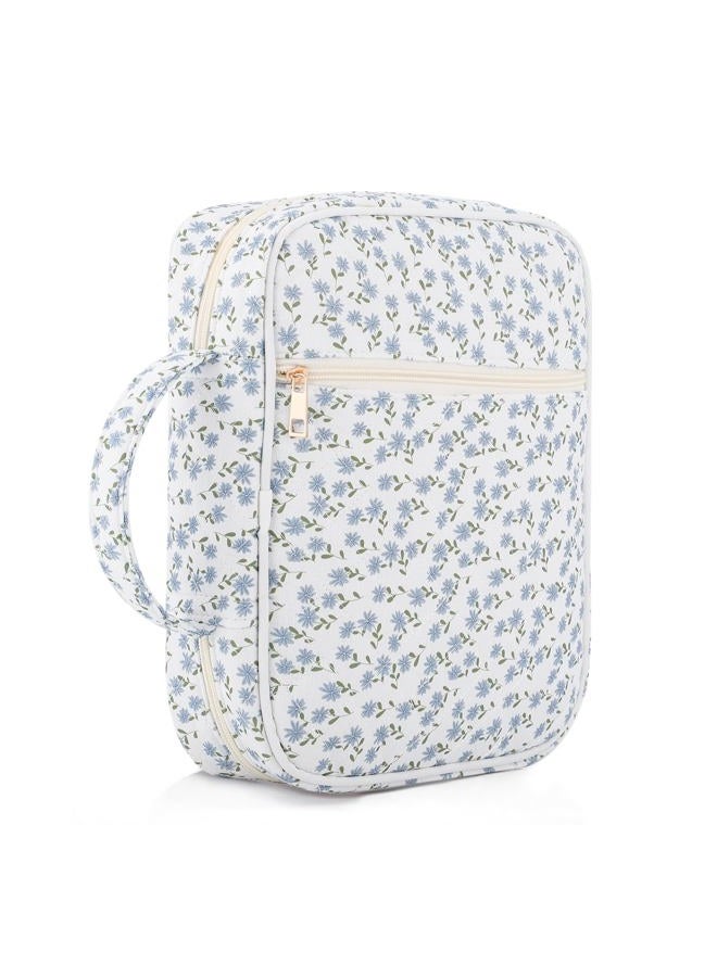Dntorx Quilted Bible Cover Case for Women with Handle, Bible Bag with Zippered Pocket, Blue Floral Bible Case for Girls, Bible Study Supplies Kit, Large Size - Image 1