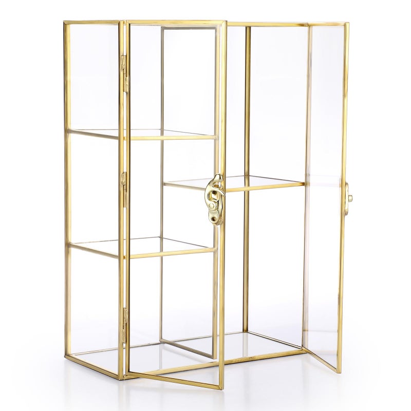 ELLDOO 5 Slots Clear Glass Storage Box Gold Jewelry Makeup Display Organizer Case Decorative Tower Box Storage for Trinket Perfume Lipstick Figure Statue Toy Display