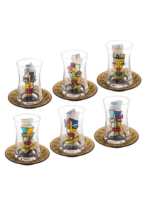 Modern and fashion design tea set consisting of 6 glass tea cups + 6 gold engraved porcelain tea saucers