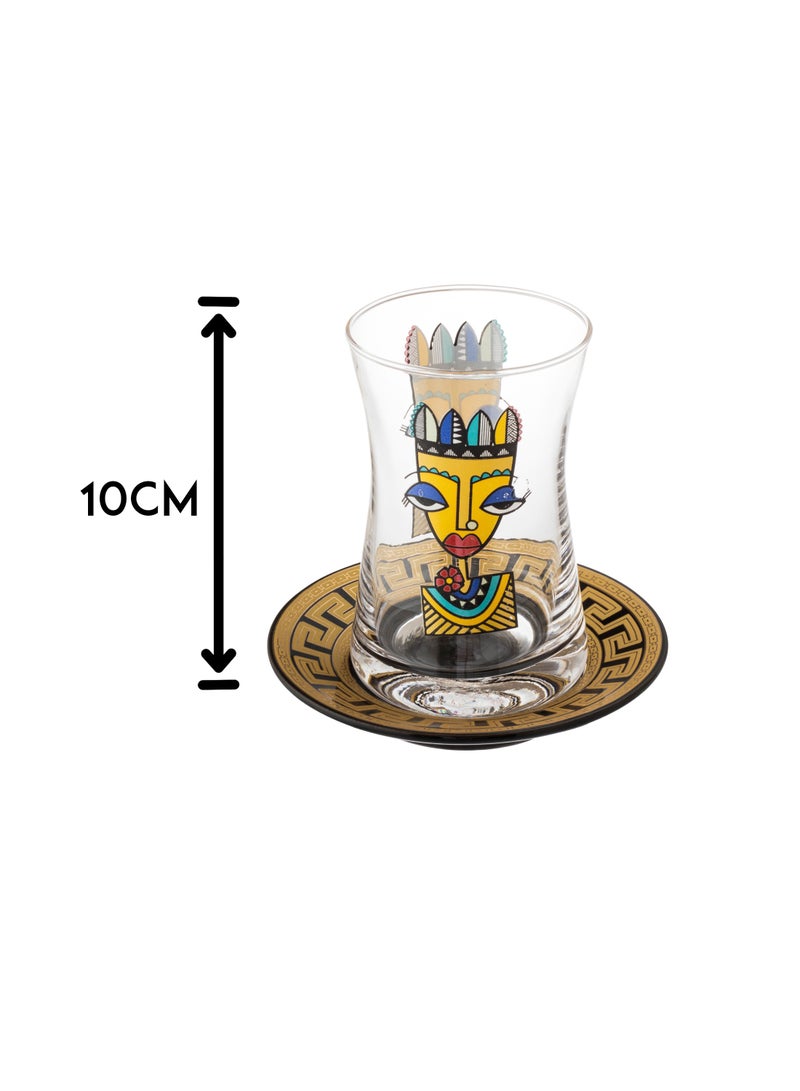 Modern and fashion design tea set consisting of 6 glass tea cups + 6 gold engraved porcelain tea saucers - Image 3