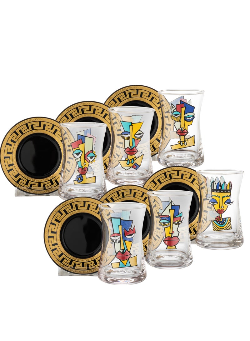 Modern and fashion design tea set consisting of 6 glass tea cups + 6 gold engraved porcelain tea saucers - Image 2