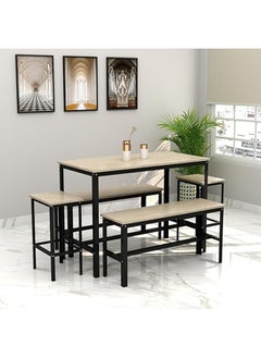 RIGID Steel Dining Table with 2 Benches & 2 Stools, Wooden Top Black 90x120x60cm  - Image 1