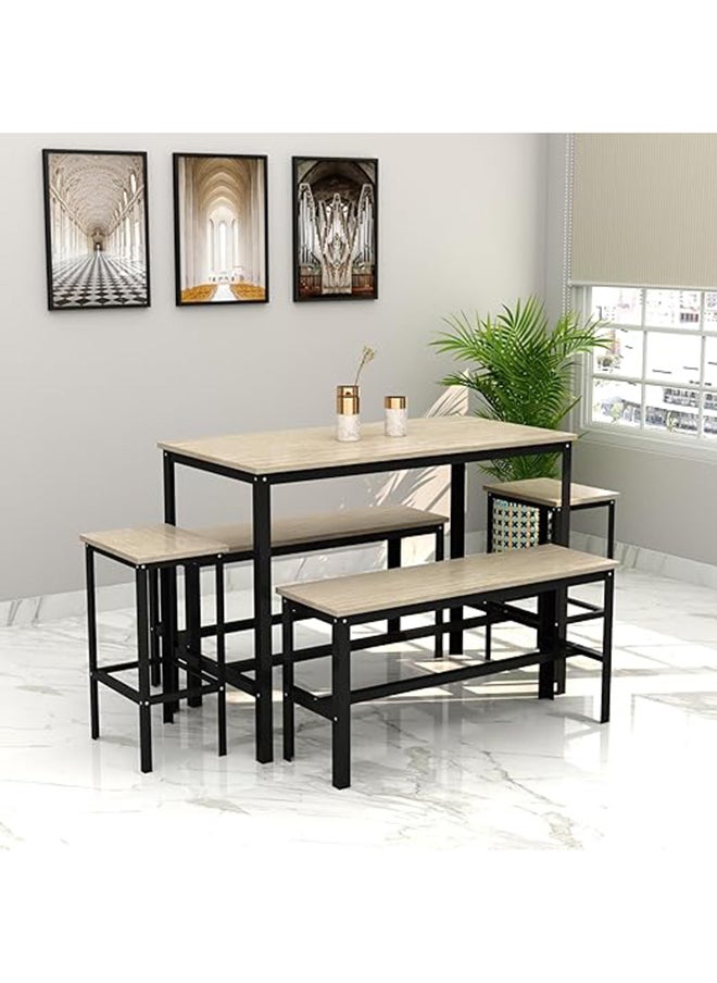 RIGID Steel Dining Table with 2 Benches & 2 Stools, Wooden Top Black 90x120x60cm  - Image 1
