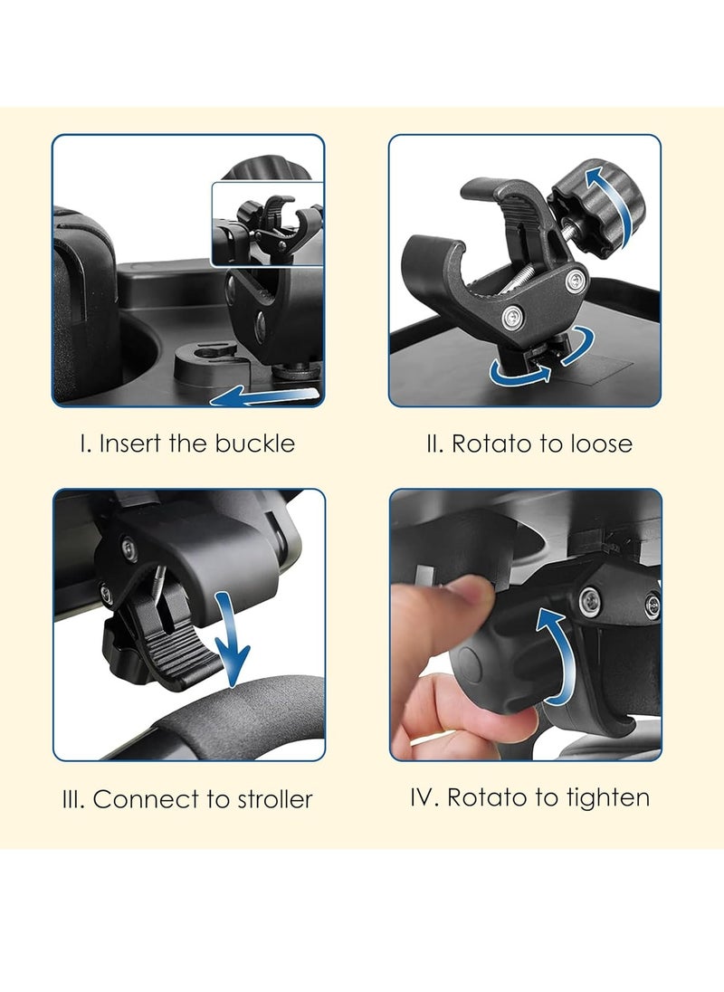 SYOSI - 3 in 1 Universal Stroller Snack Tray, Universal Snack Tray with Cup Holder Phone Holder for Stroller, Non Slip Clip Firmly Grip Stroller Bar, Stroller Tray for Watch Video On The Go - Image 1