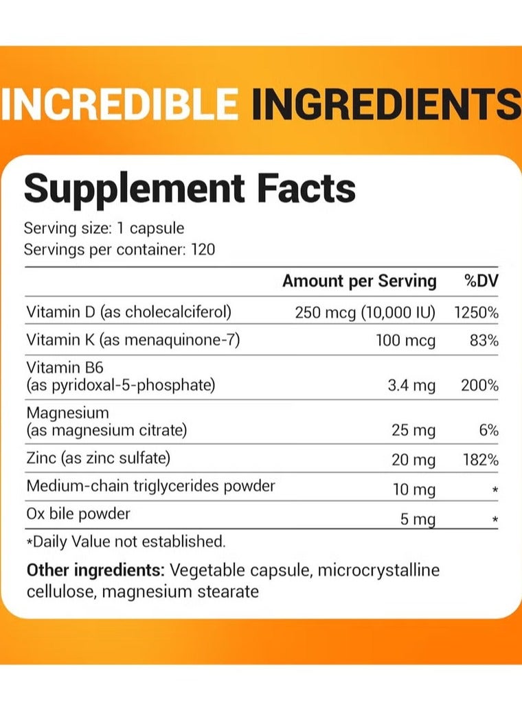 Dr. Berg Nutritional فيتامين د3 ك2 مع زيت MCT - يحتوي على 10000 وحدة دولية، د3، 100 ميكروجرام MK7 فيتامين ك2، أملاح الصفراء النقية، الزنك والمغنيسيوم لامتصاص أقصى قدر من الفائدة - مكمل فيتامين ك2 د3 - 120 كبسولة - Image 3