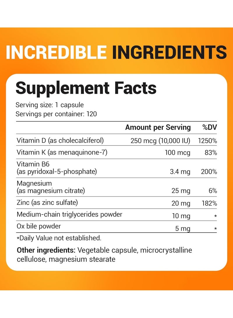 Dr. Berg Nutritional فيتامين د3 ك2 مع زيت MCT - يحتوي على 10000 وحدة دولية، د3، 100 ميكروجرام MK7 فيتامين ك2، أملاح الصفراء النقية، الزنك والمغنيسيوم لامتصاص أقصى قدر من الفائدة - مكمل فيتامين ك2 د3 - 120 كبسولة - Image 5