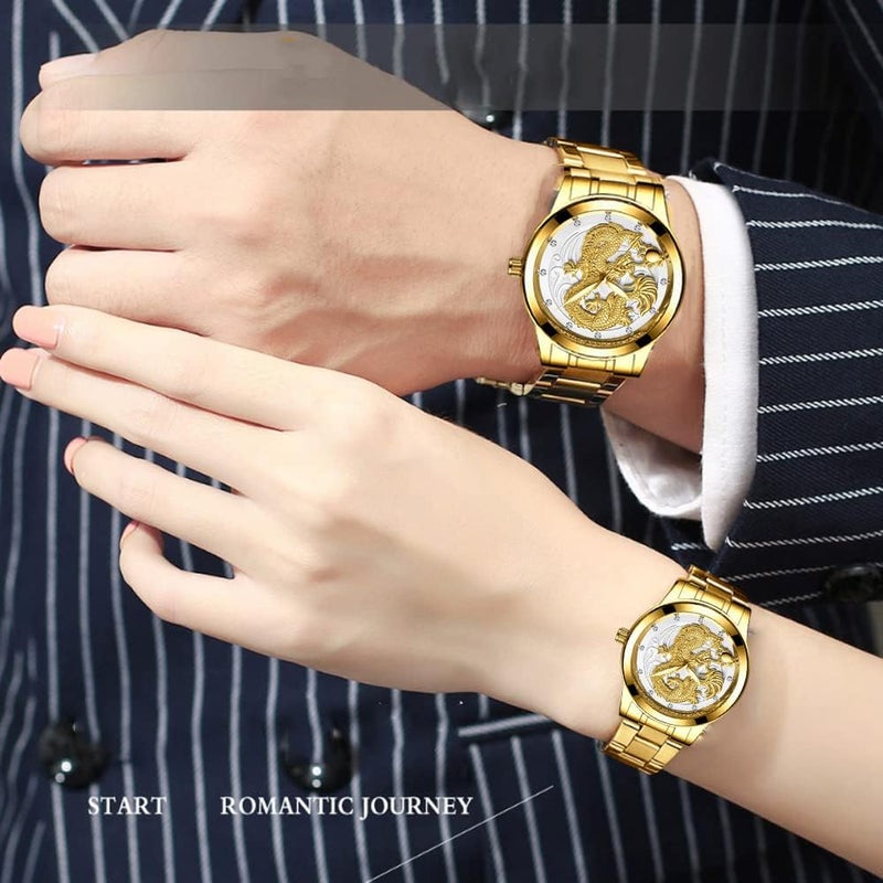 erorex Men's Gold Watch,Luxury Luminous Couple Pair Watches 3D Dragon Diamond Watches for Men Stainless Steel Dragon Wristwatch Romantic Quartz Waterproof Business Watches His and Her Couple Watches - Image 3