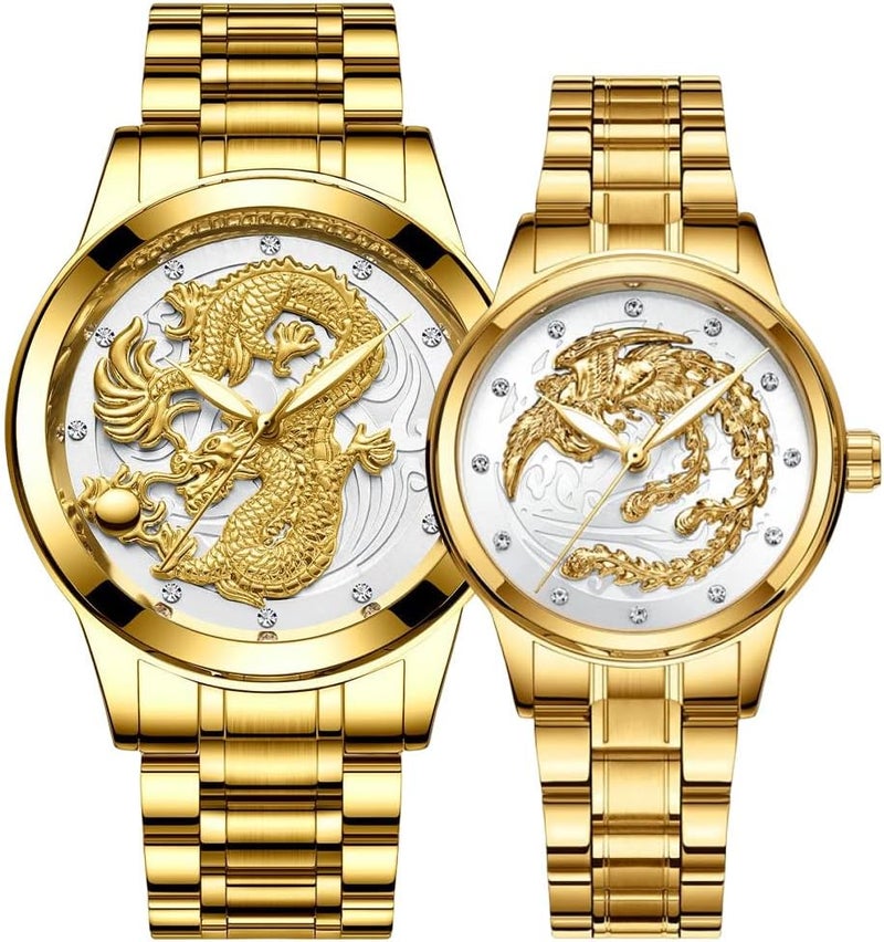 erorex Men's Gold Watch,Luxury Luminous Couple Pair Watches 3D Dragon Diamond Watches for Men Stainless Steel Dragon Wristwatch Romantic Quartz Waterproof Business Watches His and Her Couple Watches - Image 1