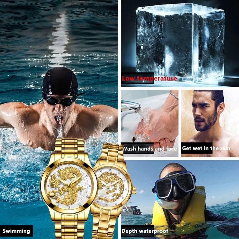 erorex Men's Gold Watch,Luxury Luminous Couple Pair Watches 3D Dragon Diamond Watches for Men Stainless Steel Dragon Wristwatch Romantic Quartz Waterproof Business Watches His and Her Couple Watches - Image 5
