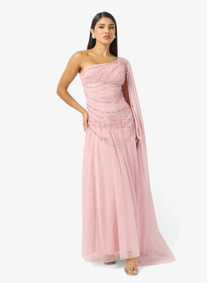 One Shoulder Bead Embellished Evening Gown with Cape Sleeves