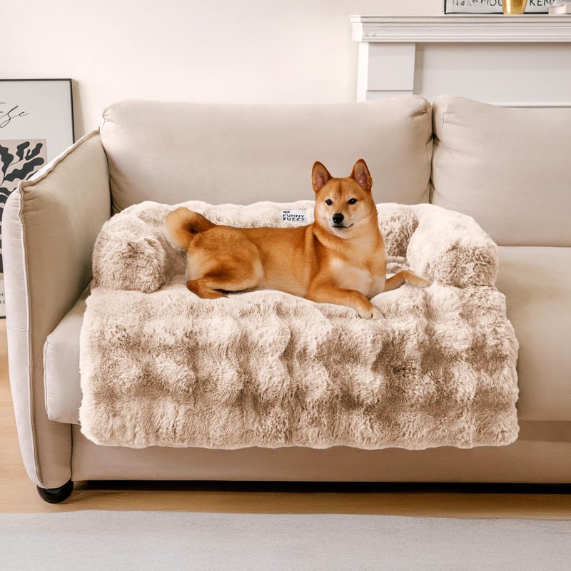 FUNNY FUZZY Pet Fluffy Fuzzy Couch Cover, Calming Washable Dog Bed Sofa Protector Pets Mat for Small Medium Dogs and Cats (Coffee,33.45 Ã— 28.35 Ã— 5.51 in) - Image 1