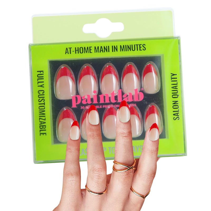 PaintLab Press-On Nails Manicure Kit, Red Candy, 30-Piece Set, Long-Lasting Fake Nails with Glue, File, Prep Pad & Cuticle Stick