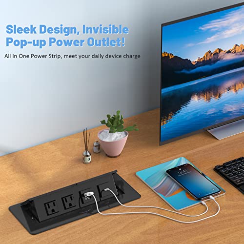 Kungfuking Pop Up Power Strip with PD 30W USB Ports, Recessed Power Grommet Outlet Hub Connectivity Box, Pop Up Outlets Socket for Table Conference Room Countertop, 2 AC Outlets, USB A and USB C Charging Ports - Image 2