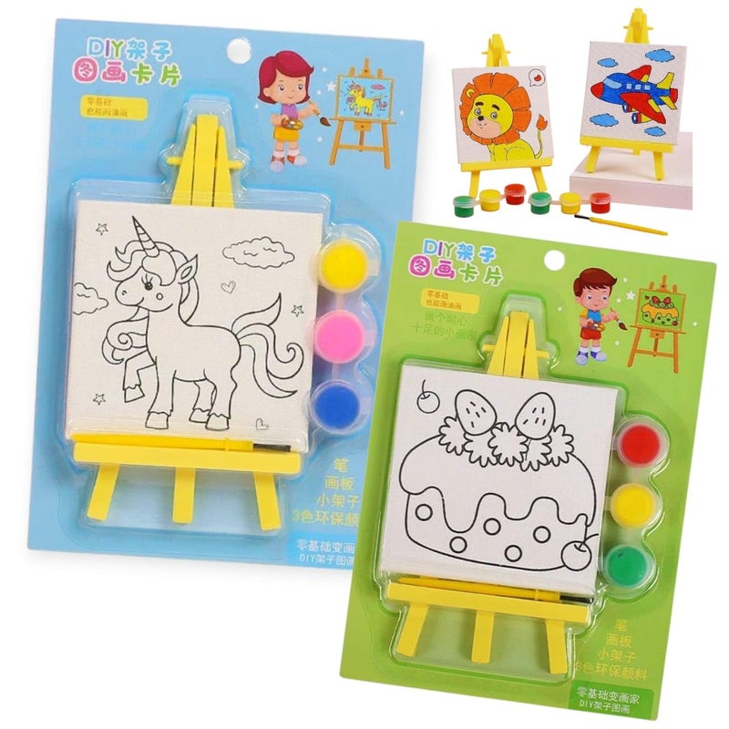 Tera13 Return Gifts for Kids (2 pcs) DIY Samll Painting Kit with Three Colors One Brush for Art & Craft Combo Set Mini Canvas Painting Kit Easel Stand, Painting Canvas Board Random Design - Image 1
