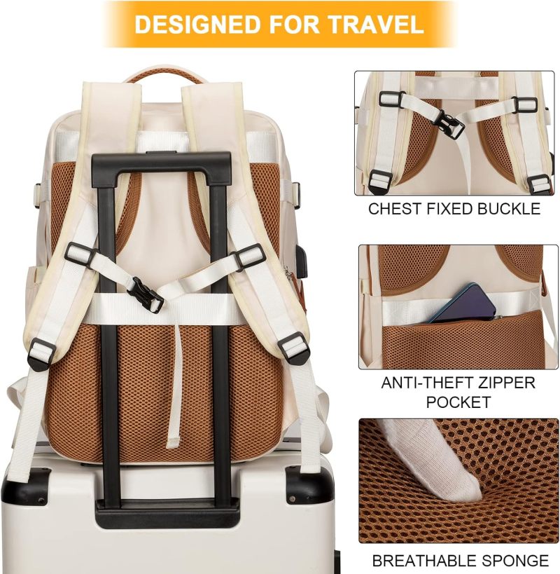 Travel Laptop Backpack: 46*29*18cm Khaki 40L Flight Approved, Waterproof Durable Polyester, Anti-Theft Back Pocket - USB Charging Port, Convertible Design for IATA Flights, Hiking, College, Weekend Ge - Image 5