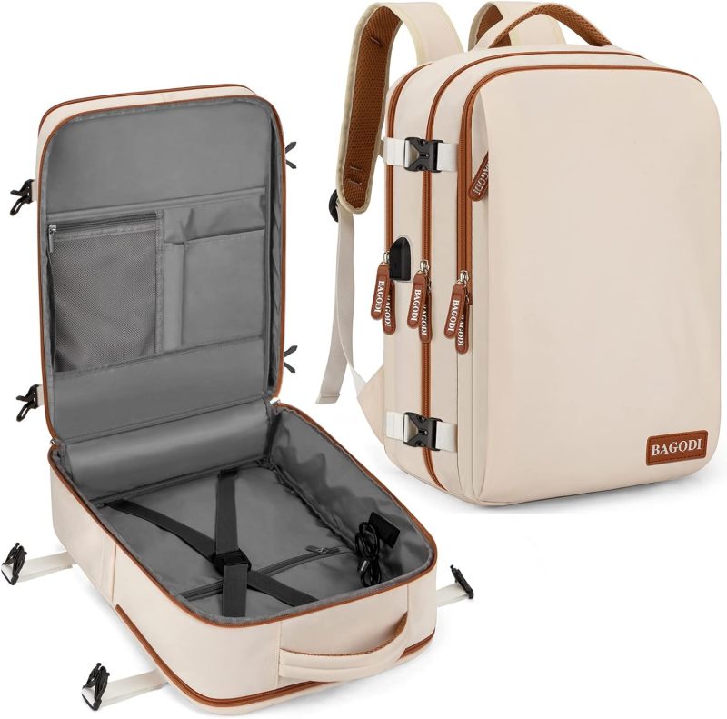 Travel Laptop Backpack: 46*29*18cm Khaki 40L Flight Approved, Waterproof Durable Polyester, Anti-Theft Back Pocket - USB Charging Port, Convertible Design for IATA Flights, Hiking, College, Weekend Ge - Image 1