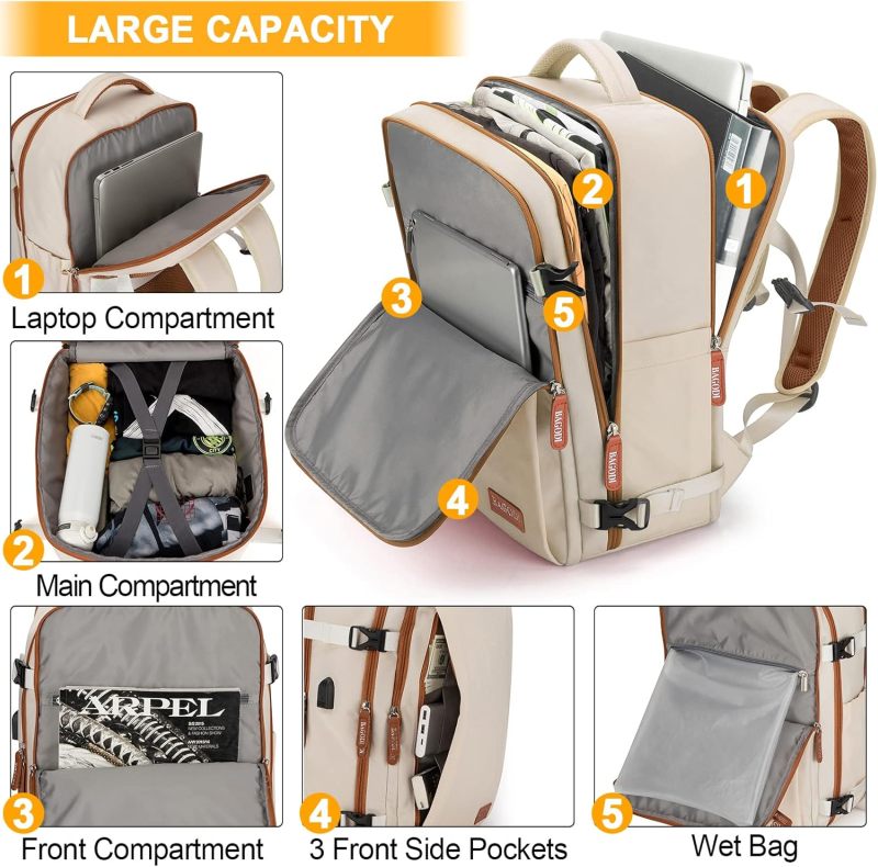 Travel Laptop Backpack: 46*29*18cm Khaki 40L Flight Approved, Waterproof Durable Polyester, Anti-Theft Back Pocket - USB Charging Port, Convertible Design for IATA Flights, Hiking, College, Weekend Ge - Image 3