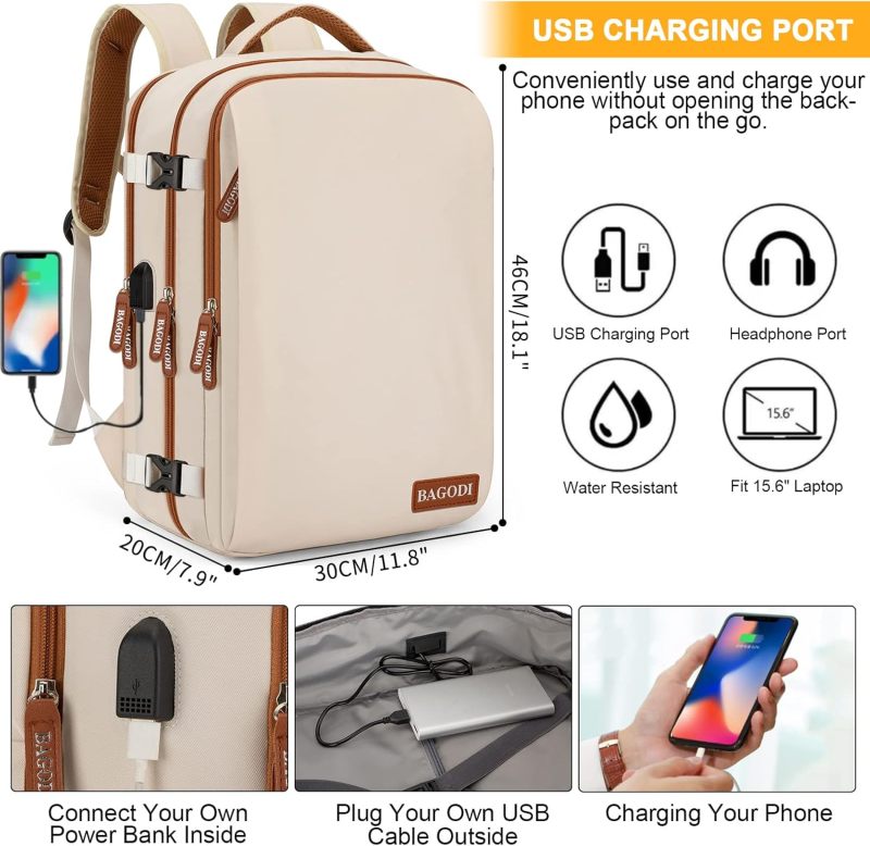 Travel Laptop Backpack: 46*29*18cm Khaki 40L Flight Approved, Waterproof Durable Polyester, Anti-Theft Back Pocket - USB Charging Port, Convertible Design for IATA Flights, Hiking, College, Weekend Ge - Image 4
