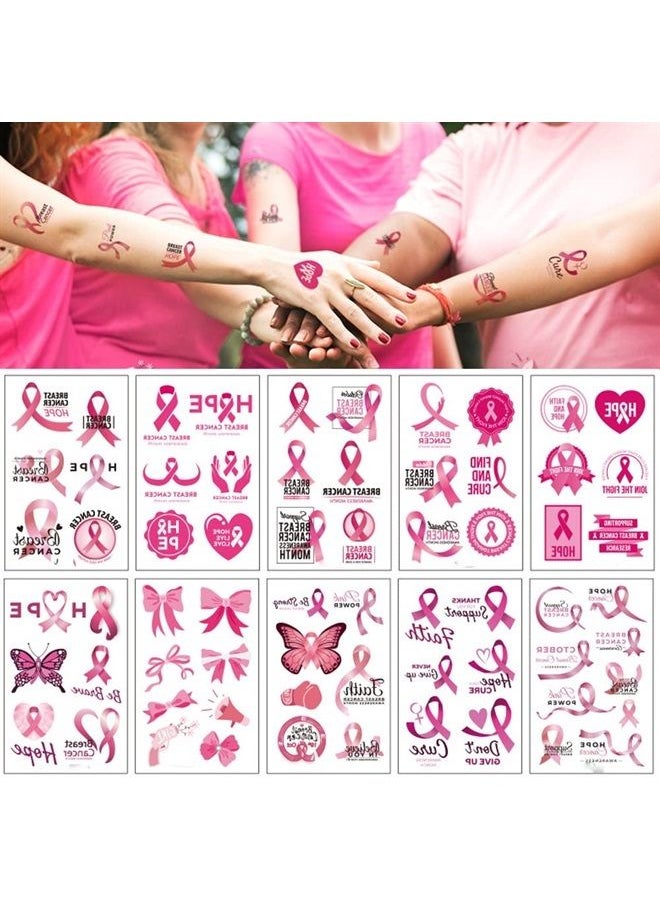 Leoars - Pink Ribbon Tattoos,Breast Cancer Awareness Temporary Tattoo,Pink Butterfly Tattoo Sticker, 10-Sheet - Image 1