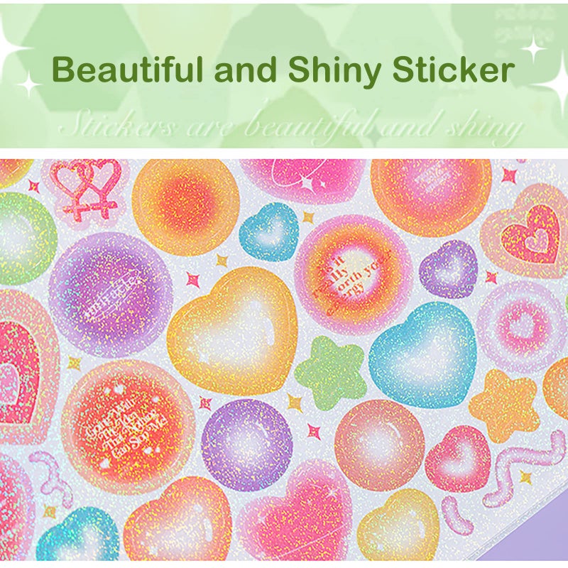 Doraking Colorful Sticker Book, 50 Sheets Shiny Love Bubble Heart Butterfly Ribbon Cute Stickers for Junk Journal Arts Craft Greeting Cards Scrapbook Supplies Home Decoration, DIY Deco Stickers (A) - Image 5