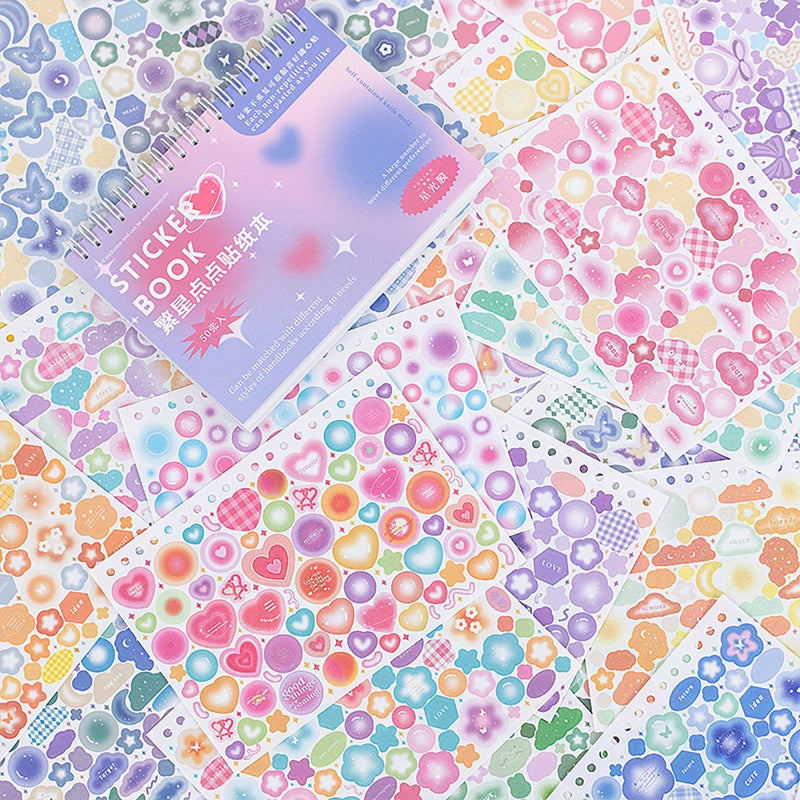 Doraking Colorful Sticker Book, 50 Sheets Shiny Love Bubble Heart Butterfly Ribbon Cute Stickers for Junk Journal Arts Craft Greeting Cards Scrapbook Supplies Home Decoration, DIY Deco Stickers (A) - Image 1