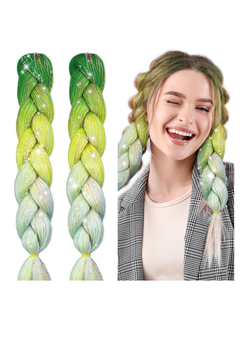 Excefore 24 Inch Multi-Colored Braiding Hair Extensions with Sparkly Tinsel, Durable Synthetic Hair for Women and Girls - 3 Tone Box Braids Twist (2 Pcs, Green - Blue Gradient) - Image 1